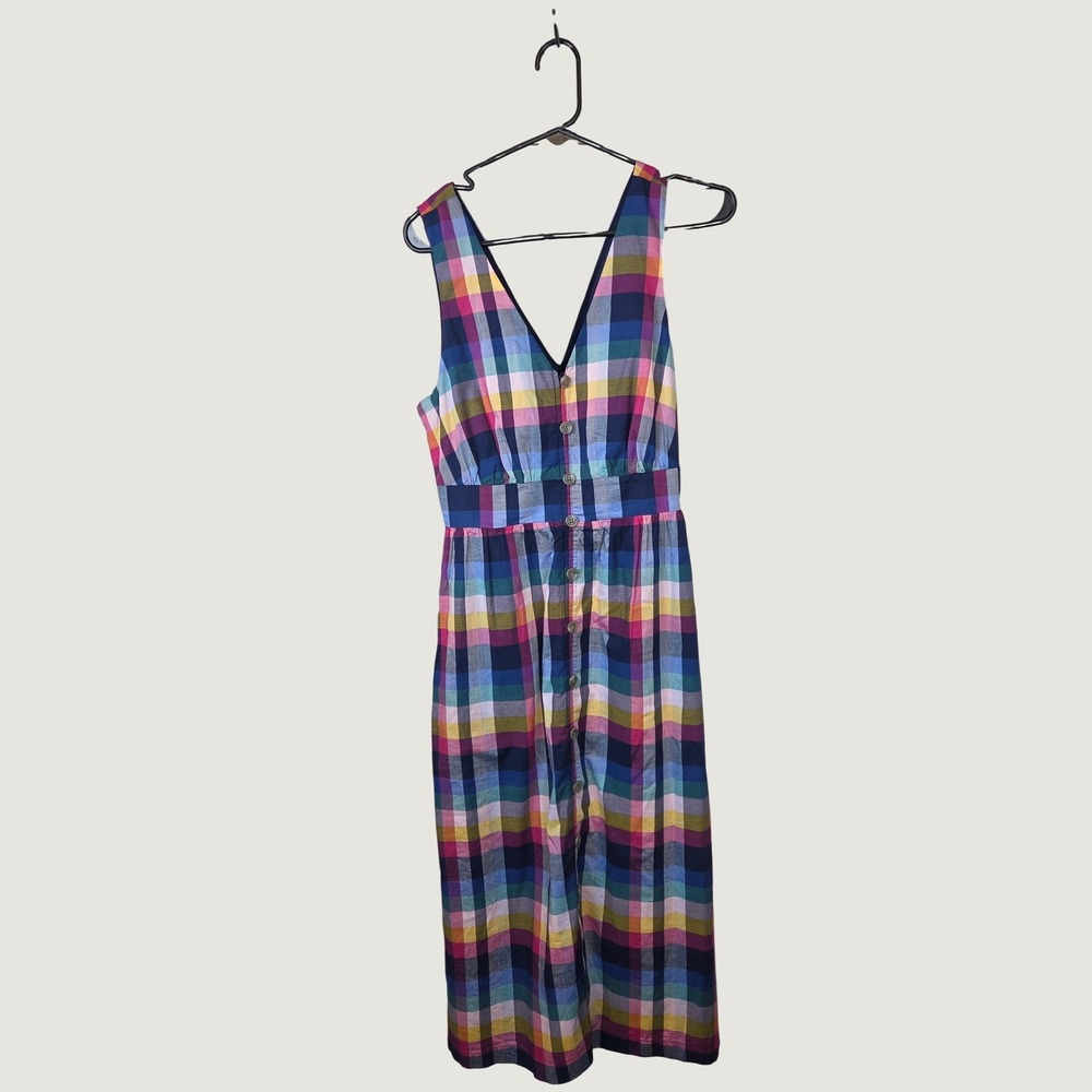 J. Crew Plaid Smocked Maxi Dress Rainbow V-Neck Light Academia Sundress Size 4